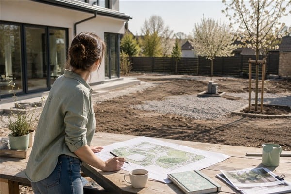 eine Frau die in einem winterlichen Garten steht und den Garten umplant damit keine Fehler bei der Gartenplanung entstehen