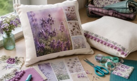 Fotokissen gestalten: Titelbild Fotocollage von Blumen mit Bommelborte und Blumenborte in Fliedertönen