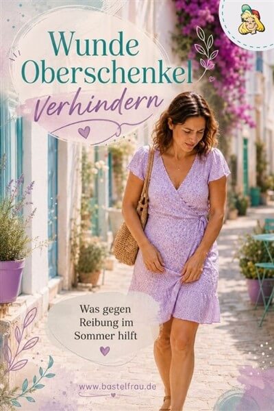 Wunde Oberschenkel verhindern Pinterestbild: Frau im Kelid auf einer Strasse fühlt sich sichtlich unwohl auf Grund wunder Oberschenkel