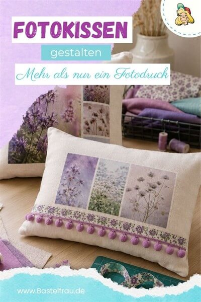 Fotokissen gestalten: Pinterestbild Fotocollage von Blumen mit Bommelborte und Blumenborte in Fliedertönen