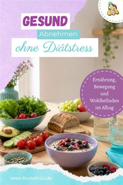 Gesund abnehmen ohne Diätstress  Pinterestbild: Esstisch mit Gemüse, Obst, Johurt und Vollkornprodukten in bunten Schalen
