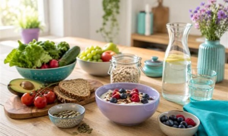 Gesund abnehmen ohne Diätstress Titelbild: Esstisch mit Gemüse, Obst, Johurt und Vollkornprodukten in bunten Schalen