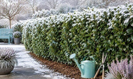 Hecken im Winter Pinterestbild: Bild von einer Immergrünenhecke mit Schnee, kahlejn Bäumen, Gießkanne und Heckenschere