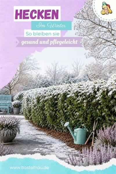 Hecken im Winter Pinterestbild: Bild von einer Immergrünenhecke mit Schnee, kahlejn Bäumen, Gießkanne und Heckenschere sowie Titel und Logo