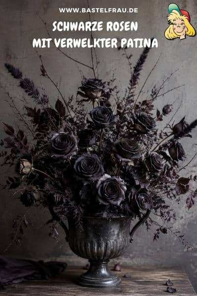 Schwarze Rosen mit verwelkter Patina - morbide Halloweendekoration