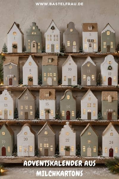 Adventskalender aus Milchkartons als Weihnachtsdorf