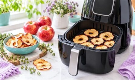 Dörren im Airfryer mit Apfelringen, frischen Äpfeln und Kräutern in einer hellen Küche