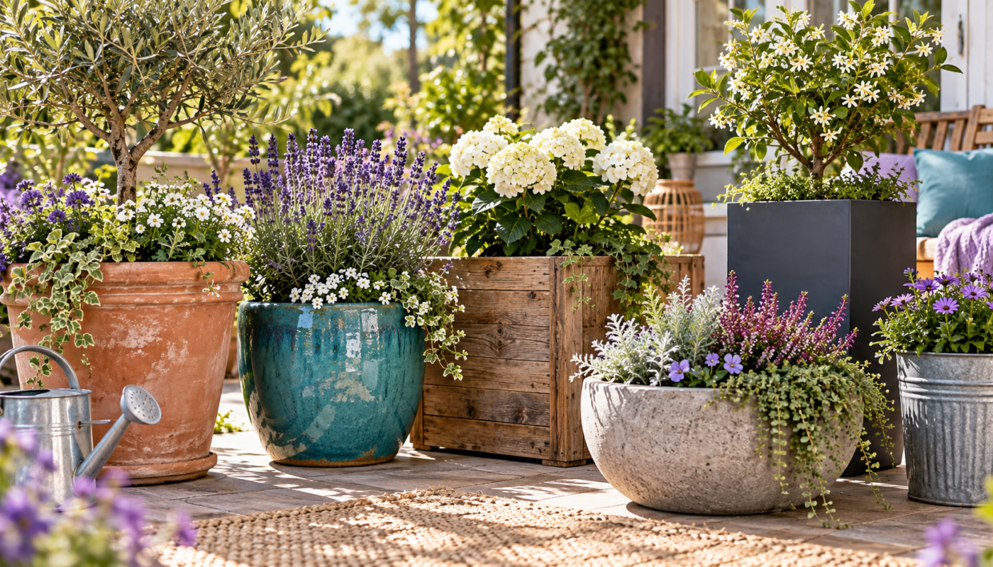 Verschiedene Pflanzgefäße für draußen mit Blumen und Grünpflanzen aus Terrakotta, Holz, Metall und Steinoptik