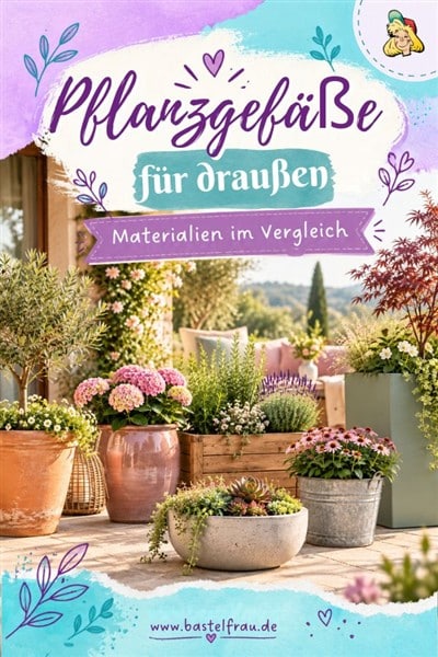 Pflanzgefäße für draußen aus Terrakotta, Holz, Metall und weiteren Materialien auf einer sonnigen Terrasse