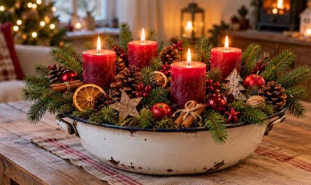 Adventsgesteck in einer Emaille-Schüssel
