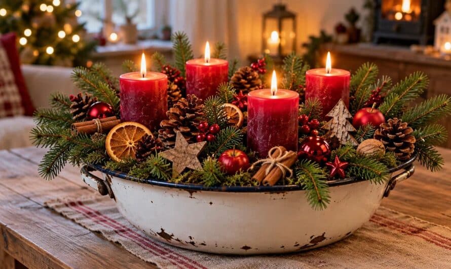 Adventsgesteck in einer Emaille-Schüssel