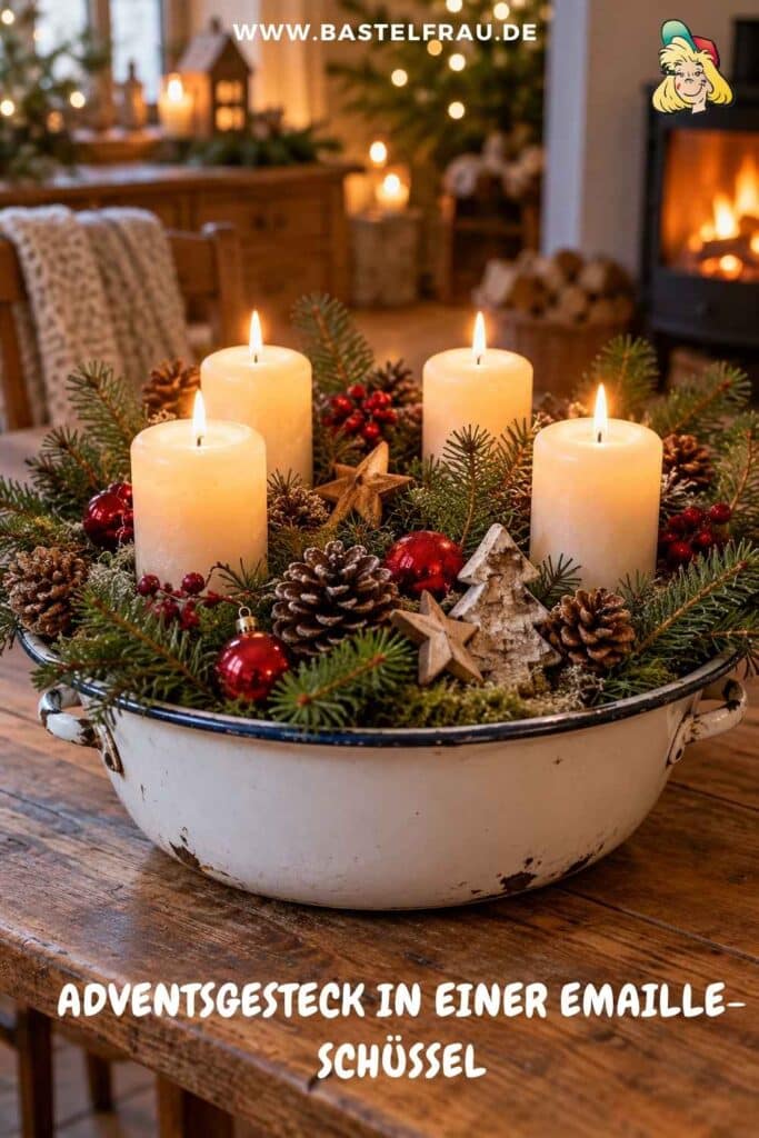 Adventsgesteck in einer Emaille-Schüssel
