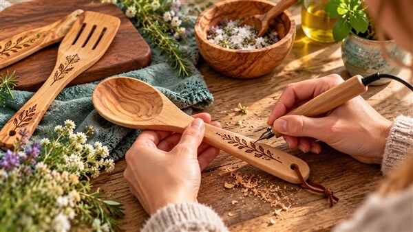 Eine Person graviert ein feines Pflanzenmotiv in den Stiel eines Holzkochlöffels