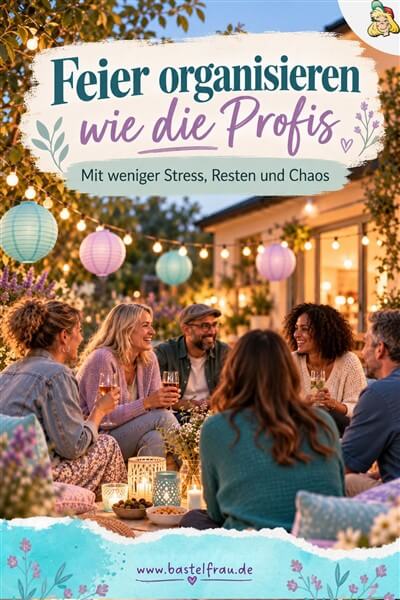 Gemütliche Feier mit Gästen im Garten und Dekoration in Türkis und Flieder. Pinterestbild für den Artikel Feste organisieren
