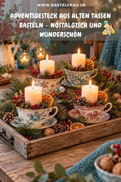 Adventsgesteck aus alten Tassen basteln – nostalgisch und wunderschön