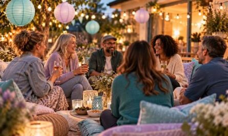 Gäste sitzen bei einer gemütlichen Gartenparty zusammen unter Lichterketten.