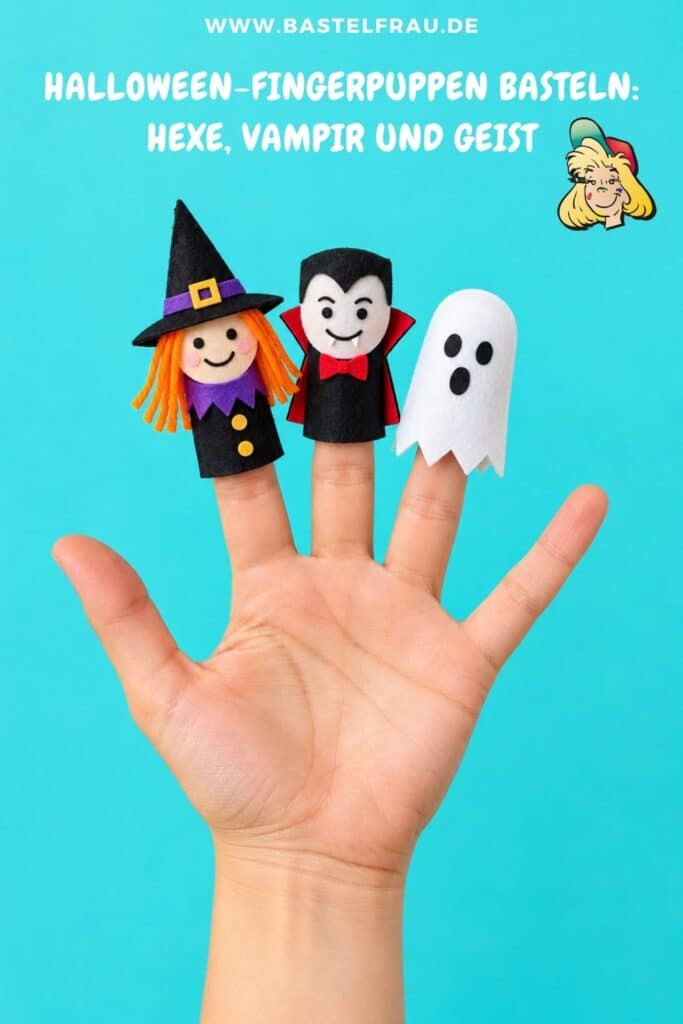 Halloween-Fingerpuppen selber basteln: Aus Tonpapier, Filz und Stoffresten entstehen eine kleine Hexe, ein Vampir und ein Geist für Fingerspiele und Halloween-Geschichten. Eine einfache Bastelidee für Kinder.