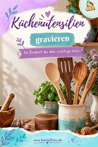 Gravierte Küchenutensilien aus Holz mit Kochlöffeln, Pfannenwender, Mörser und Kräutern zum Thema Küchenutensilien gravieren