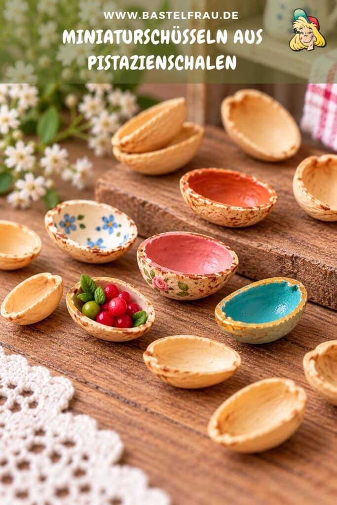 Aus einfachen Pistazienschalen entsteht wunderschönes Miniaturgeschirr für Puppenhäuser, Wichtelstuben und kleine Dekorationen. Mit Acrylfarbe, feinen Pinseln und etwas Fantasie verwandelst du die Nussschalen in winzige Keramikschüsseln.