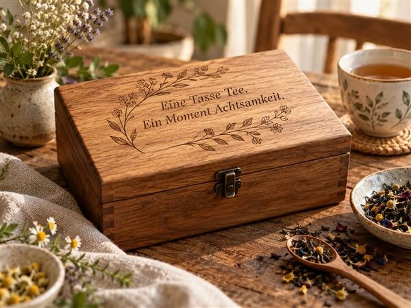 Gravierte Teebox aus Holz mit dem Spruch ‚Eine Tasse Tee. Ein Moment Achtsamkeit.‘ neben Teetasse und losem Tee