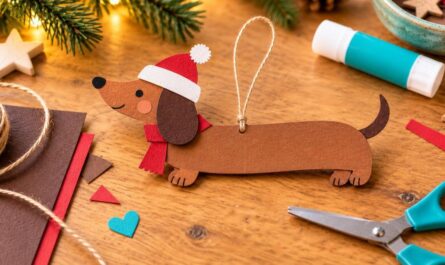 Weihnachtsdackel aus Tonkarton mit Schlappohren, roter Mütze und Schal