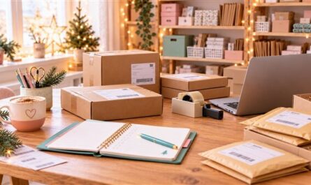 Weihnachtsgeschäft vorbereiten: weihnachtlich dekorierter Arbeitsplatz eines Handmade-Shops mit Versandkartons, Laptop, To-do-Liste und Regalen mit vorbereiteter Ware