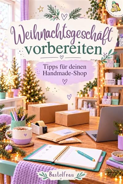 Pinterest-Grafik zum Thema Weihnachtsgeschäft vorbereiten mit Laptop, Versandpaketen, To-do-Liste und weihnachtlichem Handmade-Shop in Flieder und Mint